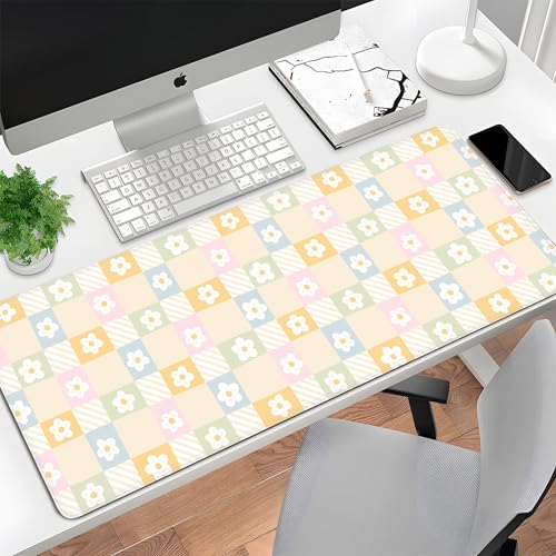 Cute Checkered Mouse Pad Large Desk Mat Extended Keyboard XL Mouse Pad Kawaii Mousepad with Non-Slip Base and Stitched Edge Daisy Mouse Mat Desk Pad 31.5 x 11.8 in Mouse Pads for Desk Home Office - color: Colorful Daisy Checkered