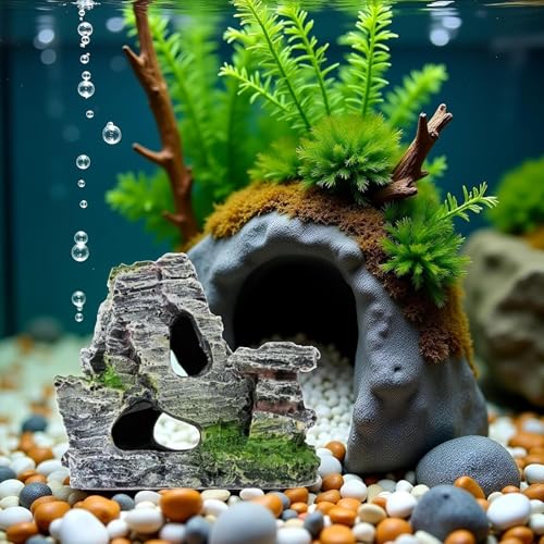 Resin Aquarium Mountain Decor with Moss Rock Cave - Multi-Level Terrain for Fish Tank Landscaping, Natural-Looking Rockery Design with Hidden Cave and Crevices for Shrimp, Reptile Habitat