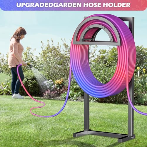 OLV Hose Holder Holds 150-ft Water Pipe, Outdoor Freestanding Heavy Duty Water Hose Holder Reel with 4 Spikes, Detachable Metal Hose Storage Stand Hanger Rack for Outside Yard Lawn Farm, Black