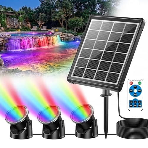 POPOSOAP 4W Solar Pond Lights with Remote Control, RGB Multi-Color Underwater Solar Lights with Timer & Memory Function for Pond, Fountain, Pool, Garden, Aquarium(3 Headlamp)-P64WC - size: 3 RGB Lights- 4W Solar Powered