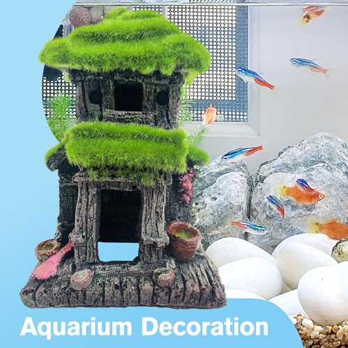 Hamiledyi Fish Hideout House for Aquarium Decorations, Betta Cave with Lifelike Moss, Come with 2 PCS Artificial Plants, Fish Tank Decoration for Shrimp Fish Shelter - style: Cottage
