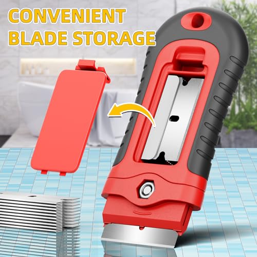 DIYSELF 1 Pack Razor Blade Scraper with 15 Extra Blades, Scraper Tool for Cleaning Window, Paint, Cooktop, Oven, Glass Stove Top Scraper, Razor Scraper with Buit-In Blade Storage - color: Red, size: 1 Pack
