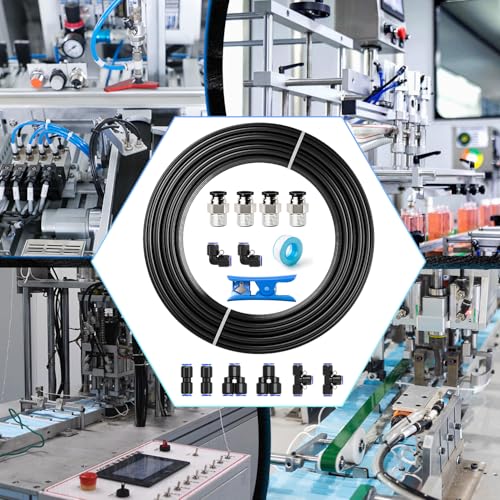 mxuteuk 1/4" Air Line Tubing Kit,1/4" Air Hose Kit,1/4 Inch(6.35mm) OD x 32.8 Feet PU Tube with Push to Connect Fittings(15PCS)