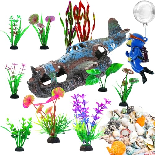 Aaquarium Accessories Set, Betta Fish Hideout Cave, Fish Castle Set | Large Size Resin Plane with 10 Artificial Aquatic Plants, 30-40 Seashells, 1 Floating Diver for Fish Tank Decor - color: Broken Plane