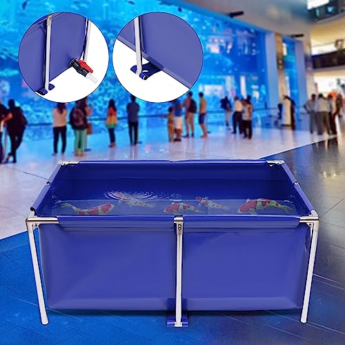 Canvas Fish Pond Aquarium Fish Water Tank, Koi Breeding Pond with Metal Frame and Drain Valve,Blue Cuboid Ornamental Swimming Pool Foldable Water Storage Above Ground Pond for Home
