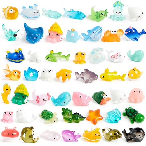 JOYIN 50 Pcs Mini Ocean Resin Animals Figures, Mini Sea Animals Figurines for Aquarium Ornaments Decorations, Cute Garden Accessories, Birthday School Slime Charms for Crafts, DIY Miniature Scenes - style: Ocean Animals