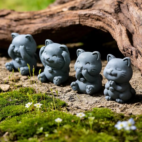 livelyfish Cute Cat Figurine Lucky Cat Statue Sandstone Animal Sculpture Tea Pet Tabletop Ornaments Micro Landscape Fairy Garden Aquarium Decor (C) - color: C