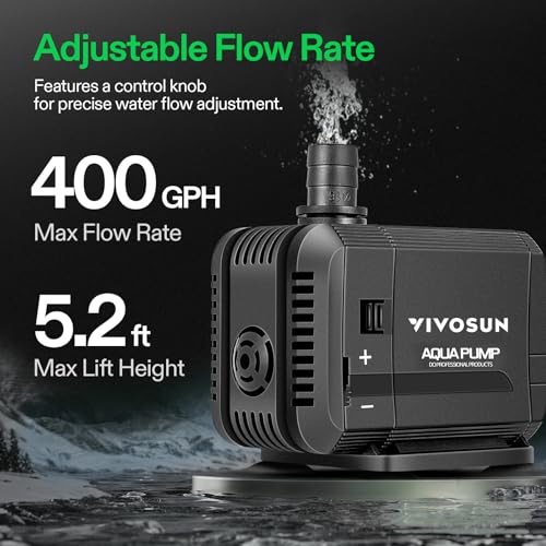 VIVOSUN 400GPH Submersible Pump(1500L/H, 15W), Ultra Quiet Water Pump with 5.2ft High Lift, Fountain Pump with 5ft Power Cord, 3 Nozzles for Fish Tank, Pond, Aquarium, Statuary, Hydroponics - size: 400GPH