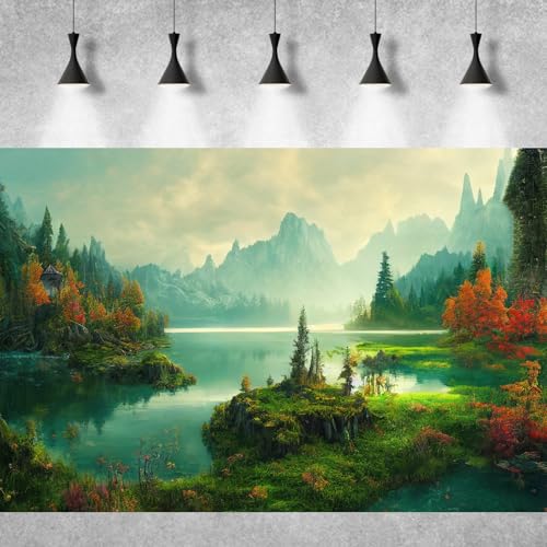 Autumn Landscape Aquarium Background Jungle Plants Rainforest Fish Tank Background Foggy Misty Mountains Terrarium Background Tranquil Lake Natural Scenery Aquarium Backdrops Vinyl 24x12in - color: Green_Purple, size: 24(W)x12(H)in
