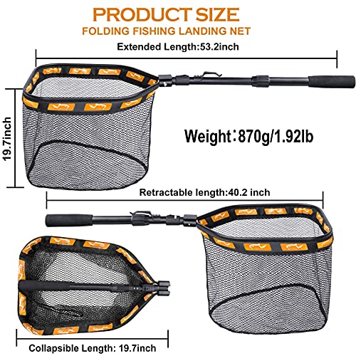 PLUSINNO Floating Fishing Net for Steelhead, Salmon, Fly, Kayak, Catfish, Bass, Trout Fishing, Rubber Coated Foldable Landing Net with Fixed or Telescoping Pole Handle, Fishing Gear and Gifts for Men - color: 19.7"/50cm Hoop Size length 1.35M Orange (Tele