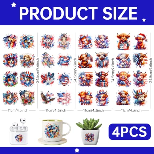 4 PCS Fourth of July Animals UV DTF Cup Wrap, Rub on Transfer Stickers for 16oz Glass Mugs, High Viscosity Permanent UV DTF Sticker, Coffee Cups, Water Bottles and Personalized Crafts - style: American Watercolor