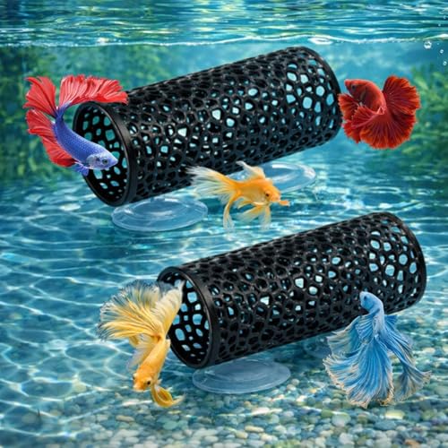 Betta Fish Toys,2PCS Black Betta Fish Tunnel,Aquarium Decor Safe for Smallfish Shrimp, Tube Shelter with Suction Cups for Small Fish