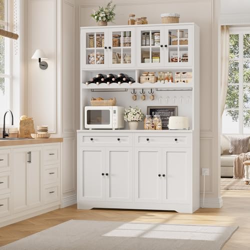 HOSTACK 75.4" Tall Kitchen Pantry Cabinet with Charging Station, Modern White Kitchen Hutch with Microwave Stand and Wine Racks, Large Food Pantry Storage Cabinet with Glass Doors and Drawers, White - color: White