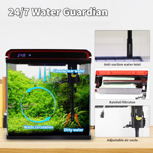 Glass 5 Gallon Fish Tank Aquarium - Smart Self-Cleaning Starter Kit with 3-Color LED Light, Ultra Quiet Pump & Filter, Temperature Monitoring for Betta Fish and Shrimp - size: 5 Gallon