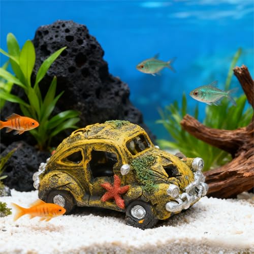 Resin Car Wreck Aquarium Decor, Fish Tank Hideout House, Small & Medium Fish Ornament for Garden & Aquariums
