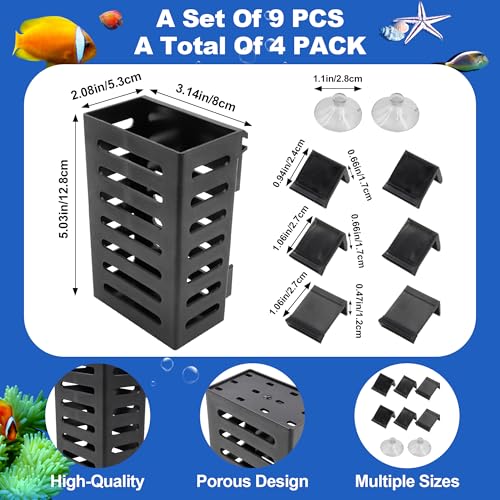4 PCS Aquarium Plant Holder with 24 Hooks and 8 Suction Cups, Hanging Plant Holder for Fish Tank, Aquatic Plant Pots for Aquarium Decorations Plants, Hanging Aquatic Planter Cups (Black)