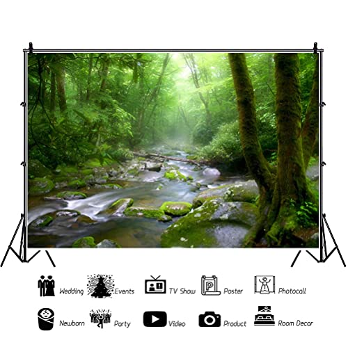 5x4ft Peaceful Forest Photography Backdrop for Outdoor Rustic Travel Theme Banner Decoration Stones Stream Trees Rainforest Jungle Plant Background Polyester Fabric Adults Portrait Photo - size: 5x4ft-P