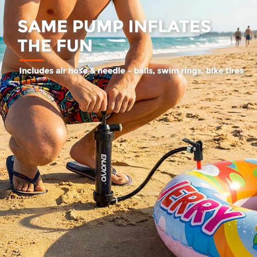 Siphon Pump for Gasoline - Manual Fluid Transfer Pump with Shark-Bite Lock-on Connector, High Flow 3 Gal/Min Hand Fuel Pump for Gas Diesel Oil, Transparent Body + Air Inflator for Balls Swim Rings