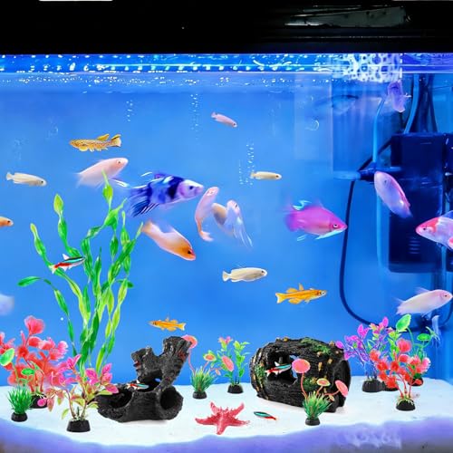 14pcs Fish Tank Decorations Set, Aquarium Decor Driftwood, Resin Fish Broken Barrel and Artificial Plastic Plants, Fish Bowl Ornaments Betta Tank Hideout Accessories