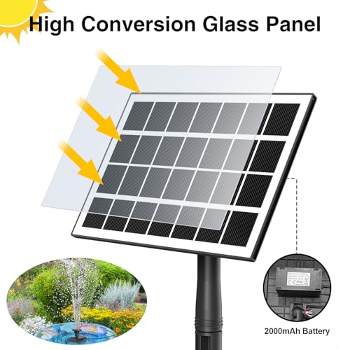 Jutai Solar Fountain Works in Cloudy Day with 2000mAH Battery Backup, 3.5W Glass Panel DIY Water Pump Kit with Sucker and Stake for Bird Bath, Water Feature,Garden, Outdoor-7 Nozzles,16.4ft Power Cord - color: Black+white2