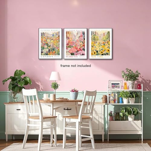 XLARTMY Flower Market Wall Art Print Canvas Yellow Pink Floral Paintings Colorful Botanical Sunflower Artwork Travel Poster for Decor Picture 3 pieces for Living Room Bedroom Bathroom 12x16in Unframed - color: Flower Market-2, size: 12x16in Poster
