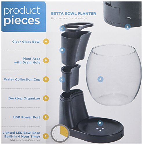 Elive Betta Fish Bowl / Betta Fish Tank with Planter, Small 0.75 Gallon Aquarium, LED Light Timer, Black
