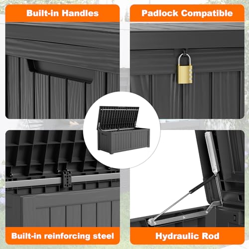 PatioZen 120 Gallon Resin Deck Box, Lockable Patio Outdoor Storage Box for Furniture, Garden Tools and Tools Storage, Waterproof Outside Storage Boxes - Black - color: Black, size: 120 Gallon