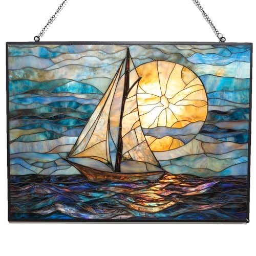 Rectangle Art Nouveau Horizon Sailboat Stained Glass Sun Catcher, Wall Hanging Colored Decor Room Indoor Window Decor, Halloween, Christmas Hanging Ornament Mother Day - color: Art Nouveau Horizon Sailboat 1, size: 9.4x7.1 IN