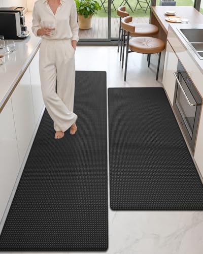 Color&Geometry Anti Fatigue Cushion Padded Kitchen Mat for Floor - 24x59+24x87,Easy Clean, Waterproof & Oil Proof, Anti Slip, Foam Rubber Runner Rug for Front Sink Comfort Standing, Black Set of 2 - color: Black, size: 24"x59"+24"x87"