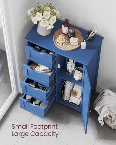 VASAGLE Storage Cabinet with Drawers, Freestanding Floor Cabinet with Door, 11.8 x 21.7 x 32.3 Inches, Adjustable Shelf, for Bathroom, Living Room, Kitchen, Bijou Blue ULHC041QE01S - color: Bijou Blue, style: 1 Door + 4 Drawers（32.3"）