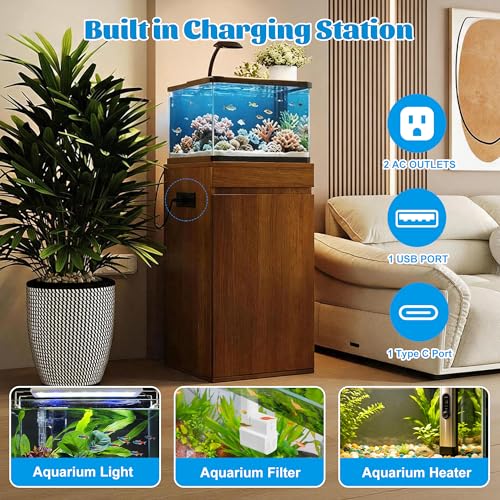 10-15 Gallon Aquarium Stand with Power Outlets, Farmhouse Fish Tank Stand, Reptile and Terrarium Stand with Drawer and Cabinet Storage, Sturdy Heavy Duty 16.9" - color: Brown 16.9" L
