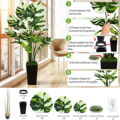 UPBUD Artificial Monstera Deliciosa Plant, 5FT Fake Monstera Tree with 12 Lifelike Leaves & Black Planter, 60in Tall Faux Floor Plants Fake Trees for Indoor Outdoor Home Living Room Office Decor - color: White Leaves Black Planter