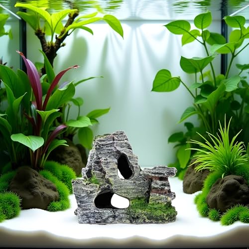 Artificial Moss Rock Aquarium Stone Cave – Resin Fish Tank Decor for Hiding and Landscaping, Small Mountain Terrain Ornament, Natural-Looking Habitat for Fish, Shrimp, and Reptiles, Decoration