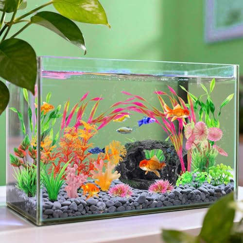 QUOZUO Broken Barrel Fish Tank Decor, 16pcs Fish Tank Accessories Artificial Plants Aquarium Ornaments for Fish Cave Hide - Resin Barrel x1pcs, Coral x2pcs, Aquarium Plastic Plants x13pcs