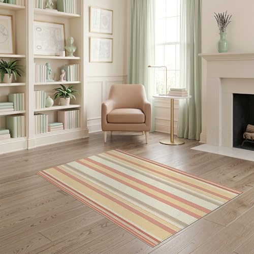 4'x6' Washable Geometric Stripe Accent Rug, Cream Non-Shedding Small Carpet for Playroom, Bedroom, Reading Nook, Pet Friendly & Kids Safe Play Mat | Ref:1993949 - color: Beige/Pattern 23, size: 4' x 6' (Rectangular)
