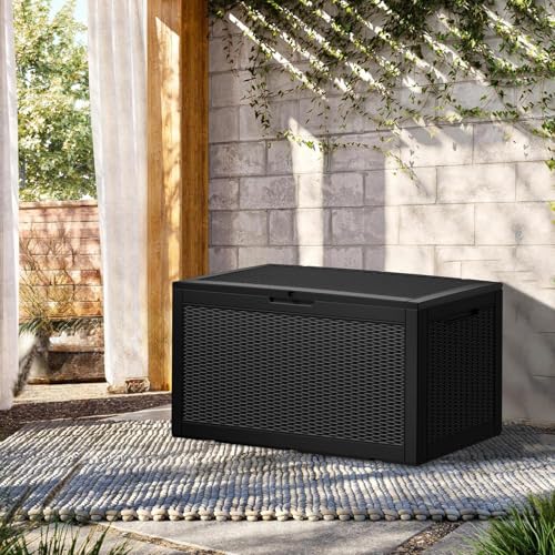 TARKARI 100 Gallon Outdoor Storage Box Waterproof, Resin Deck Boxes with Lockable Lid & UV-Resistant for Patio, Pool Accessories, Garden & Furniture Cushions, Black - color: Black, size: 100 GAL