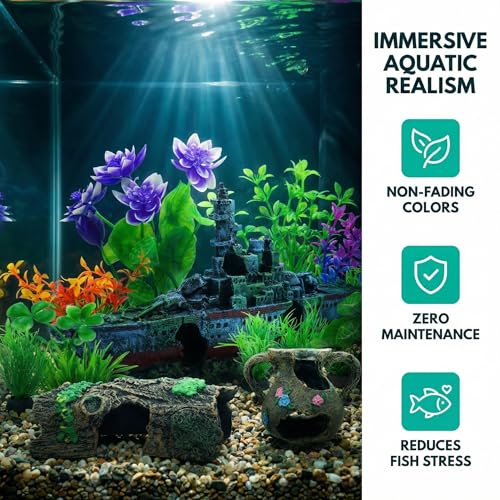 Aquarium Artificial Plastic Plants Decorations and Sunken Ship Set Goldfish 14 PCS Large Fish Tank Accessories Goldfish Betta Tank Decor