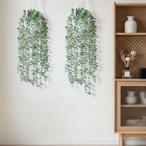 DREAMLOOM 2 Packs Fake Hanging Plants with Pots, Artificial Eucalyptus Hanging Plants with Macrame Hanger for Indoor Decor, Fake Hanging Vines Faux Greenery for Home Kitchen Office - color: Eucalyptus