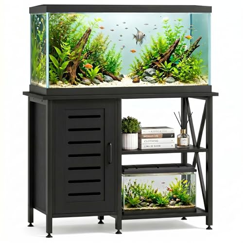 Herture 40-50 Gallon Fish Tank Stand, Aquarium Stand with Cabinet Accessories Storage, Heavy Duty Metal Frame, 40.55" L*18.89" W Tabletop, 850LBS Capacity, Black PG02YGB - color: Black, size: 40-50 Gallon