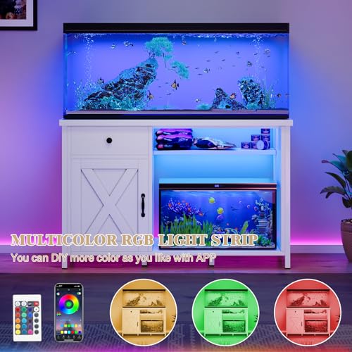 4ever2buy 55-75 Gallon Fish Tank Stand with Power Outlets, LED Light, Heavy Duty Aquarium Stand with Cabinet for Fish Tank Accessories Storage, for Turtle Tank, Reptile Terrarium, 1100LBS, White - color: White