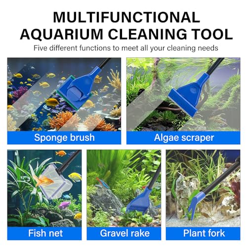 5 in 1 Fish Tank Cleaner Kit Aquarium Cleaning Tools with 19 Inch Anti-Slip Handle Fish Tank Cleaner with Algae Scraper and Fish Net - size: Length 19inch
