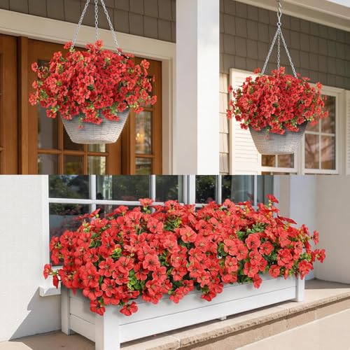 VIERENA 12 Bundles Artificial Flowers and Eucalyptus for Outside, Sun Resistant Silk Fake Morning Glory with Faux Eucalyptus Plants for Garden Porch Farmhouse Home Spring Summer Decor (Red) - color: Red