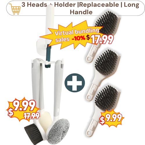 Dish Brush with Handle,4-Pieces Dish Brush Set with Holder,Replaceable Brush Heads Long Handle Kitchen Scrubber,for Pots,Sink,Pans &Bottles.Gray