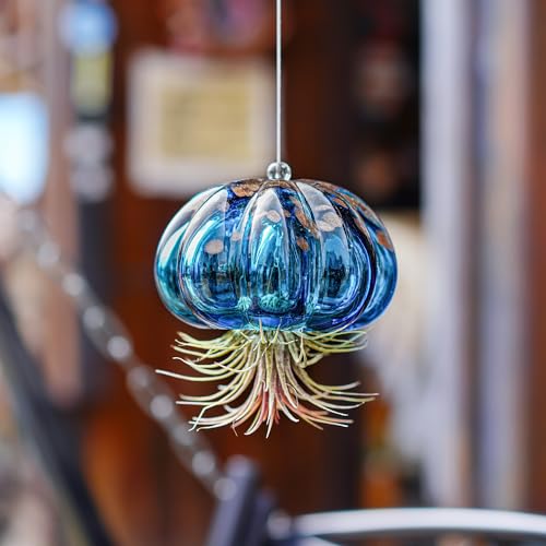 H&D HYALINE & DORA Blown Glass Jellyfish Hanging Air Planter, Cute Blue Jellyfish Air Plant Holder Gifts for Women Room Garden Wedding Party Decor (No Plants) - color: Jellyfish-sky Blue