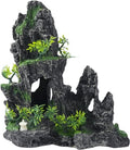 Aquarium Decorations Large Mountain View Stone Rock Cave Resin Betta Shrimp Hideout Ornaments with Small Plants Fish Tank Decorations