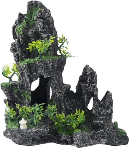 Aquarium Decorations Large Mountain View Stone Rock Cave Resin Betta Shrimp Hideout Ornaments with Small Plants Fish Tank Decorations