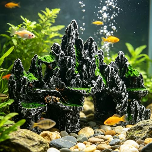 Aquarium Rock Mountain Ornament Fish Tank Decor Safe Resin Hideout (Large) | Non-toxic aquarium-safe resin - size: Large