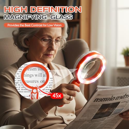 Rechargeable Magnifying Glass with Light for Seniors Reading, Hobbies | 45X Magnification • 6 Light Modes • 1200mAh Battery • 4.6-inch lens • 12 LEDs • Stepless Dimmable • Non-slip Handle - color: Orange