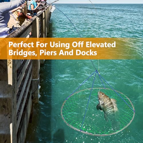 QualyQualy Large Bridge and Pier Fishing Net 32''/39'' Hoop, Foldable Drop Net Pier Fishing for Saltwater with Rope, Landing Net with Nylon Mesh, Collapsible Soft Steel Ring