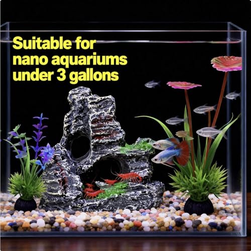 6-Piece Aquarium Plant Set with 5 Green Artificial Plants and Resin Cave Decorations for Betta Fish, Goldfish, and Shrimp for Breeding, Playing, and Resting